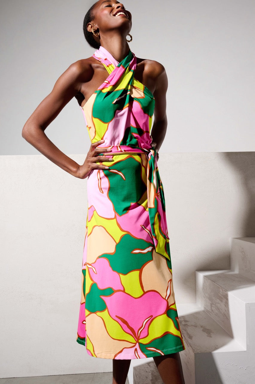 K-design - Midi dress met print, gekruiste hals en stoffen riem (Y357) - What Els!