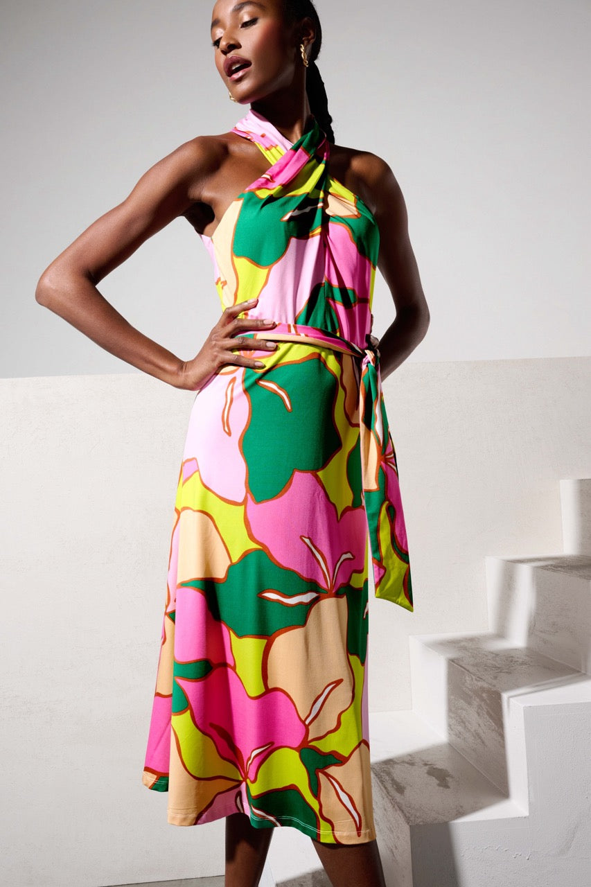 K-design - Midi dress met print, gekruiste hals en stoffen riem (Y357) - What Els!
