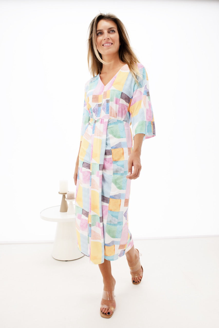 K-design - Midi dress met V-hals, print en plooi (Y370) - What Els!