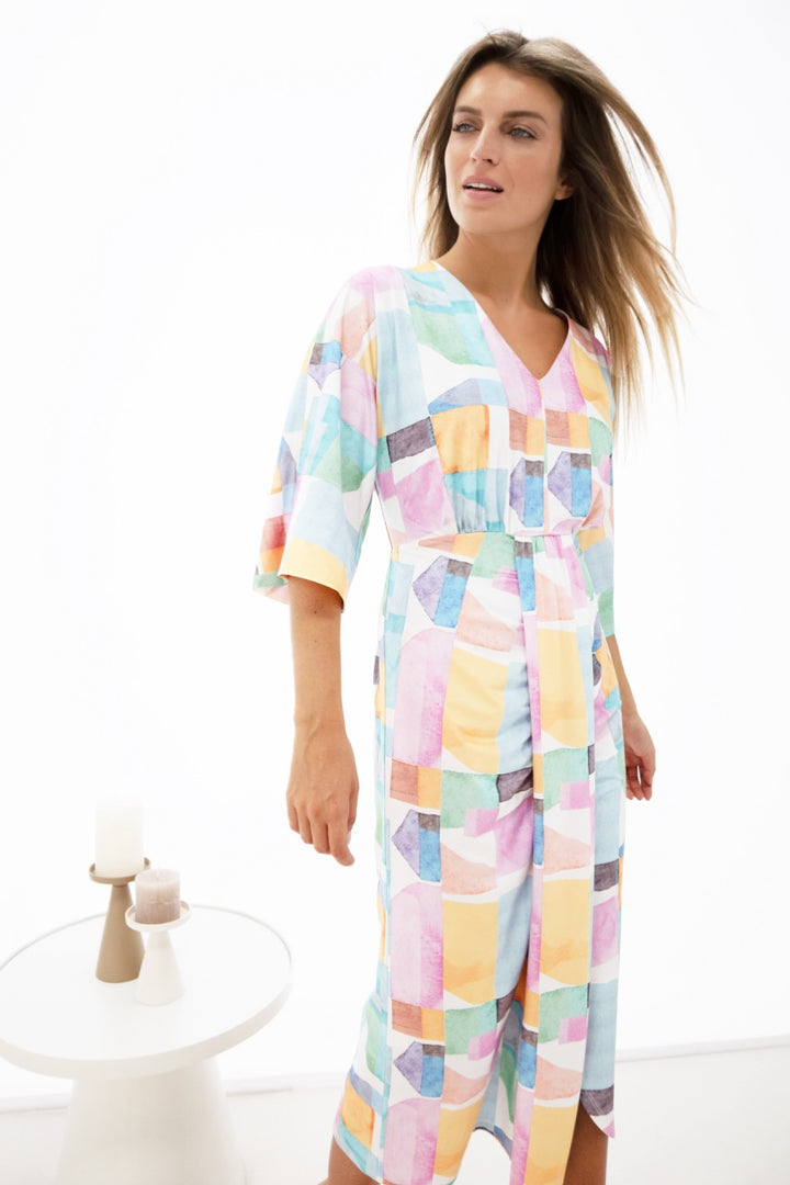 K-design - Midi dress met V-hals, print en plooi (Y370) - What Els!