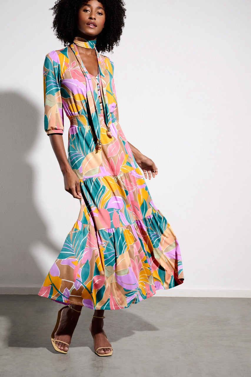 K-design - Maxi dress met print, volant en stoffen riem (Y375) - What Els!