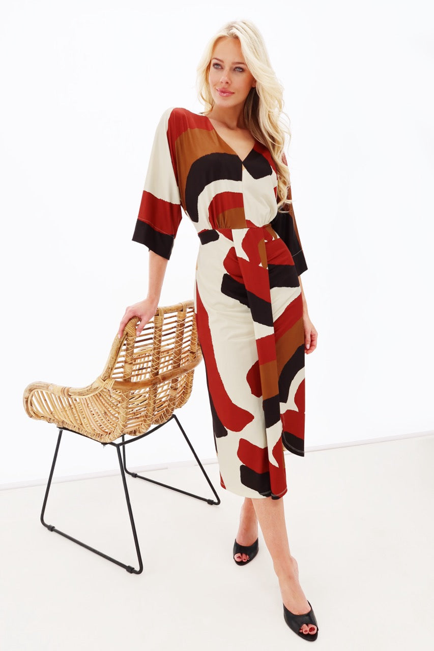 K-design - Midi dress met V-hals, print en plooi (Y386) - What Els!