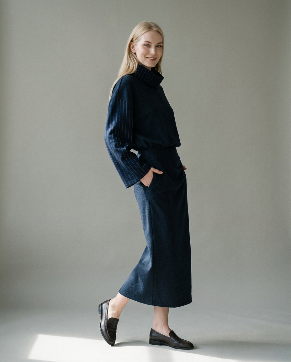 You're My Lobster — Maxi jurk met krijtstreep mouwen & rolkraag studio Dark Blue