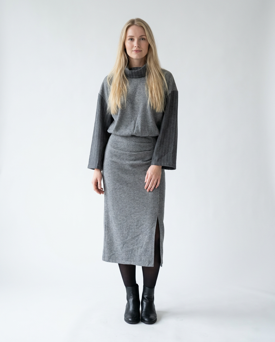 You're My Lobster — Maxi jurk met krijtstreep mouwen & rolkraag studio Grey