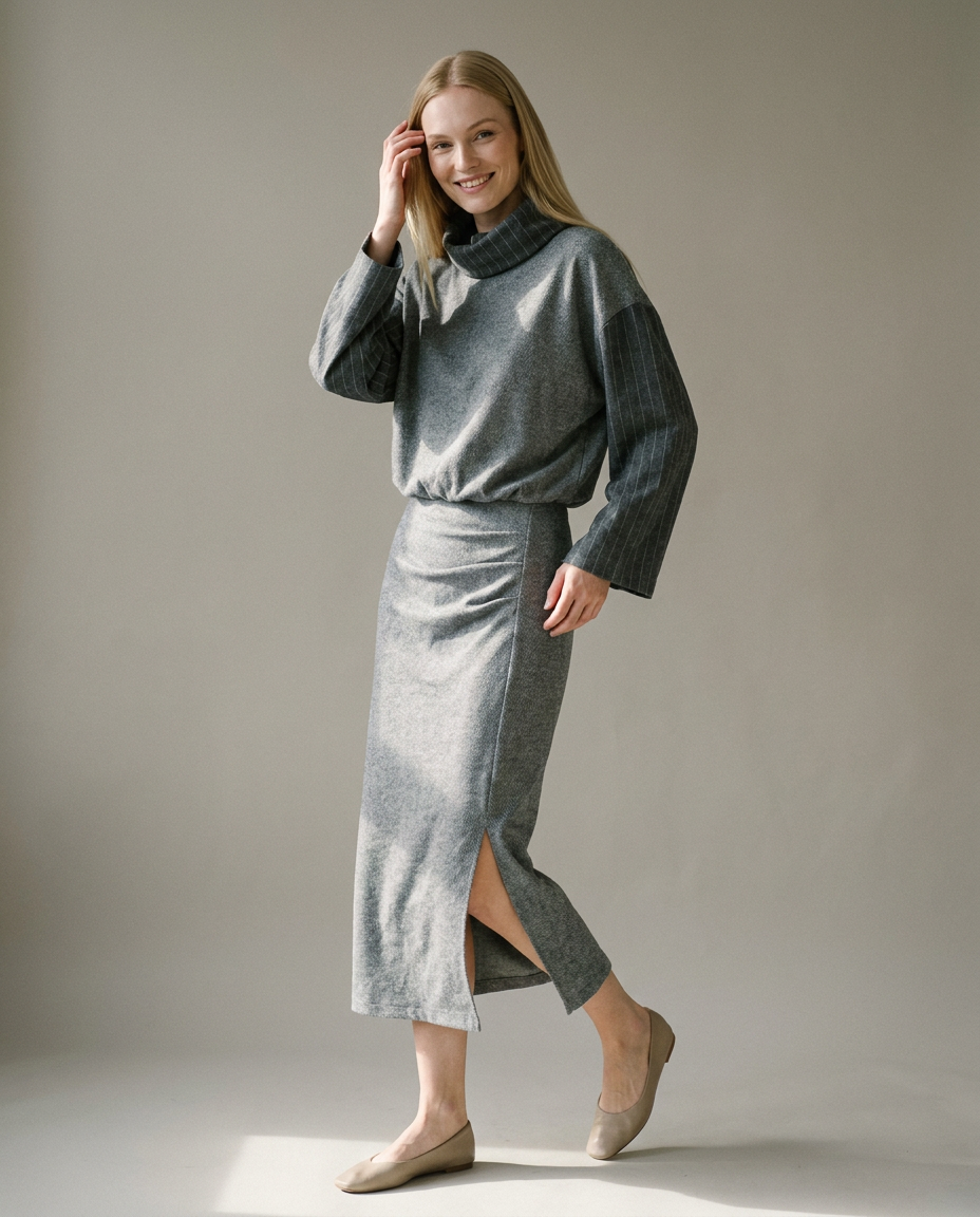 You're My Lobster — Maxi jurk met krijtstreep mouwen & rolkraag studio Grey