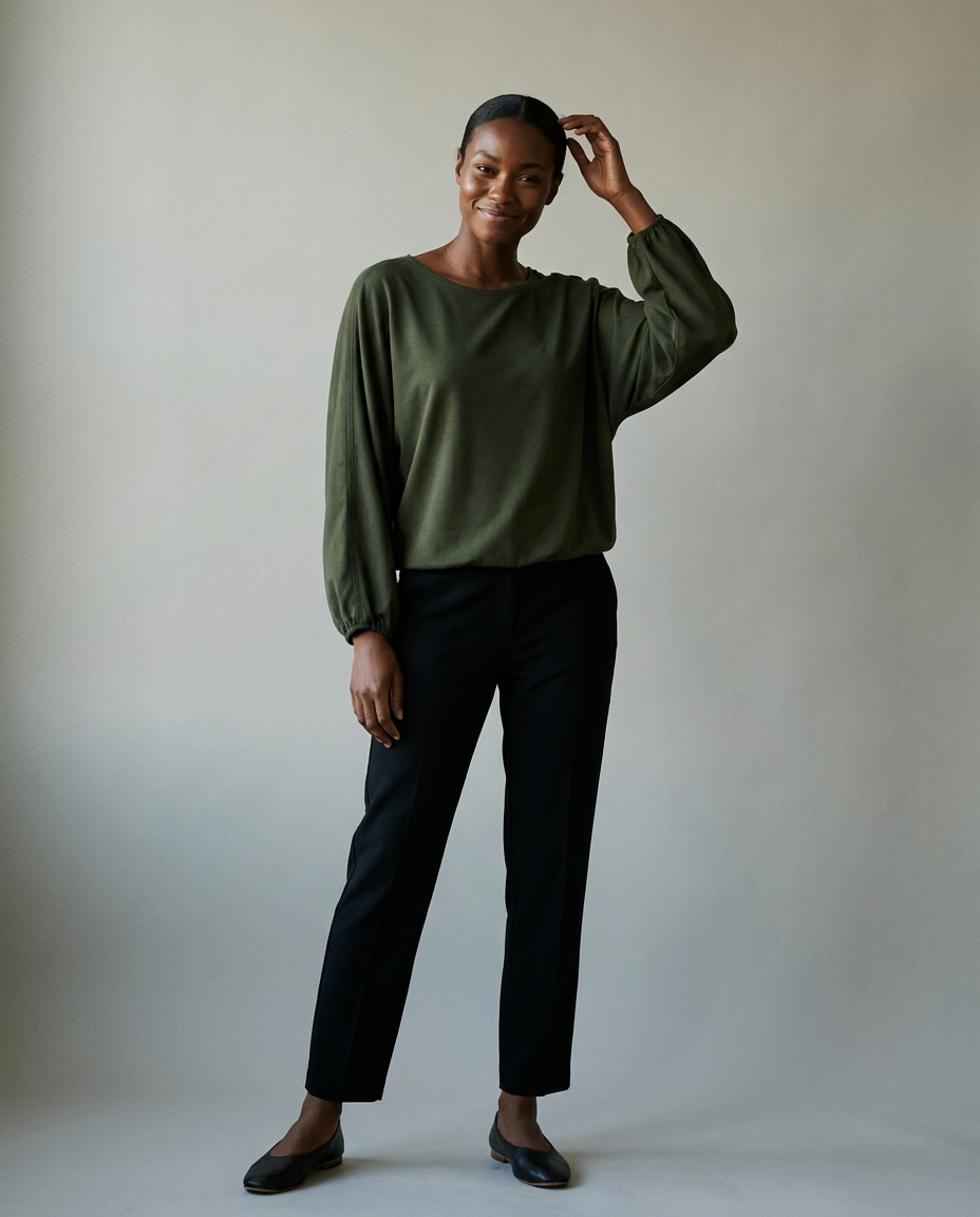You're My Lobster — Soft touch top met ronde hals & knopen studio Dark olive