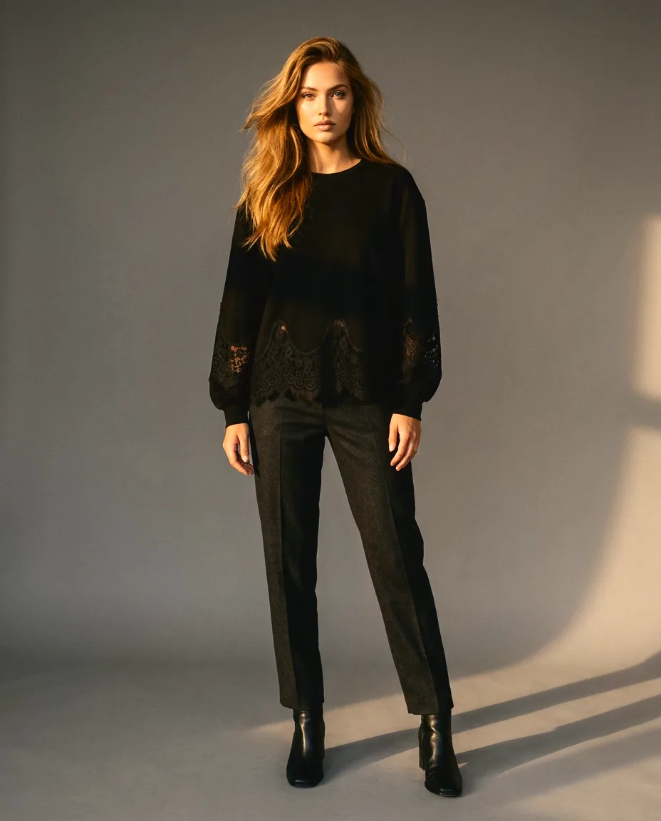 You're My Lobster — Top ronde hals met kant studio Black