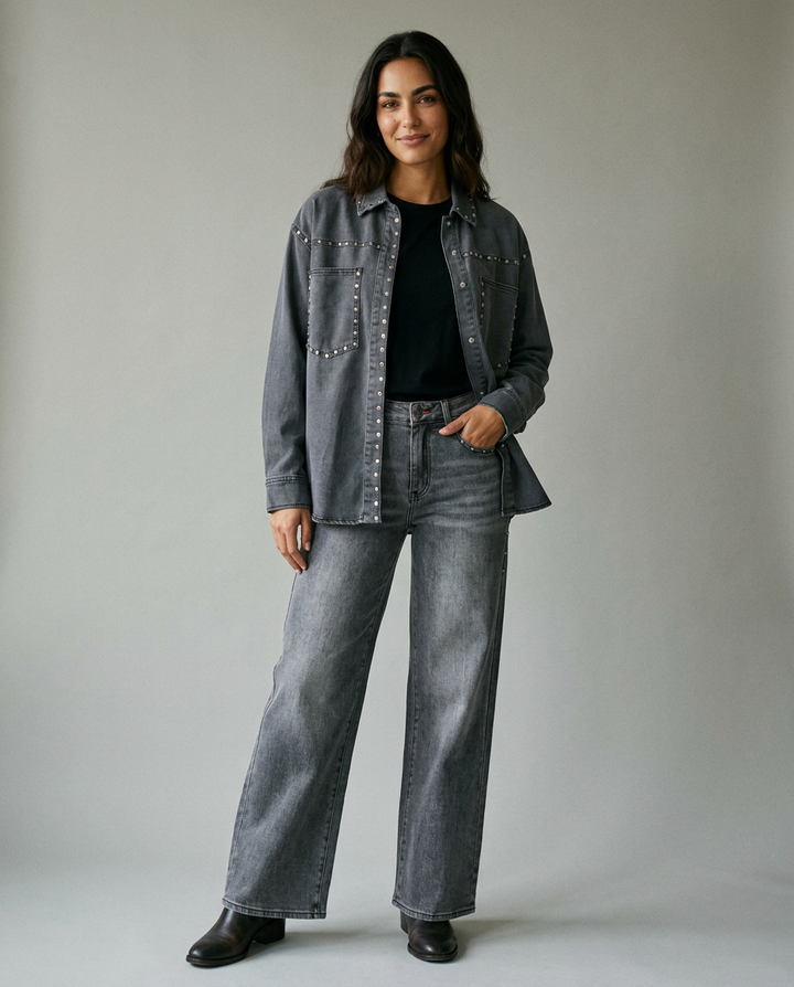 You're My Lobster — Wijde jeans met studs studio look grey denim