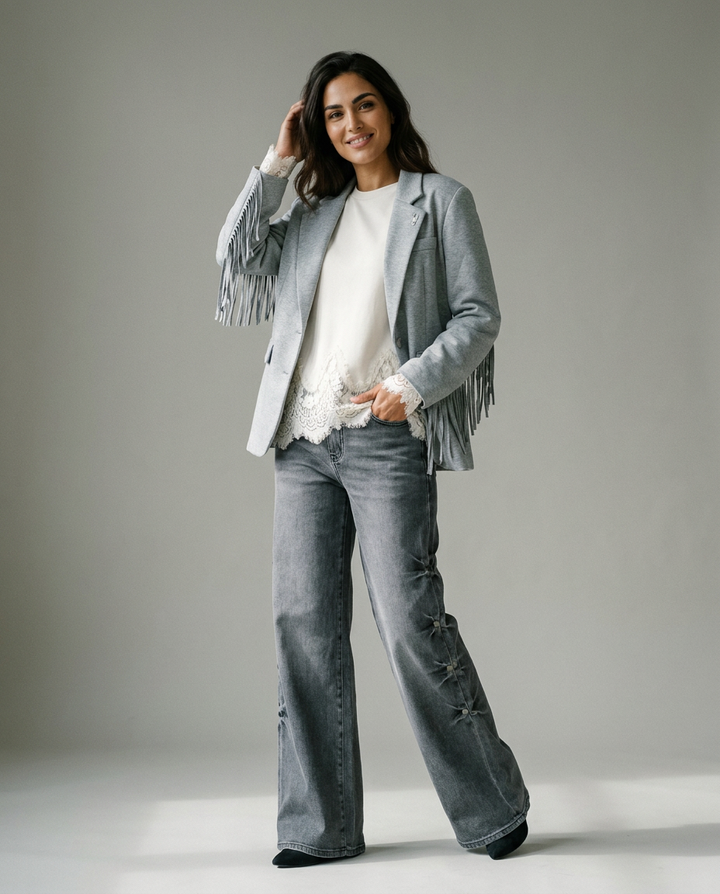 You're My Lobster — Wijde jeans met studs (D704L) studio look grey denim
