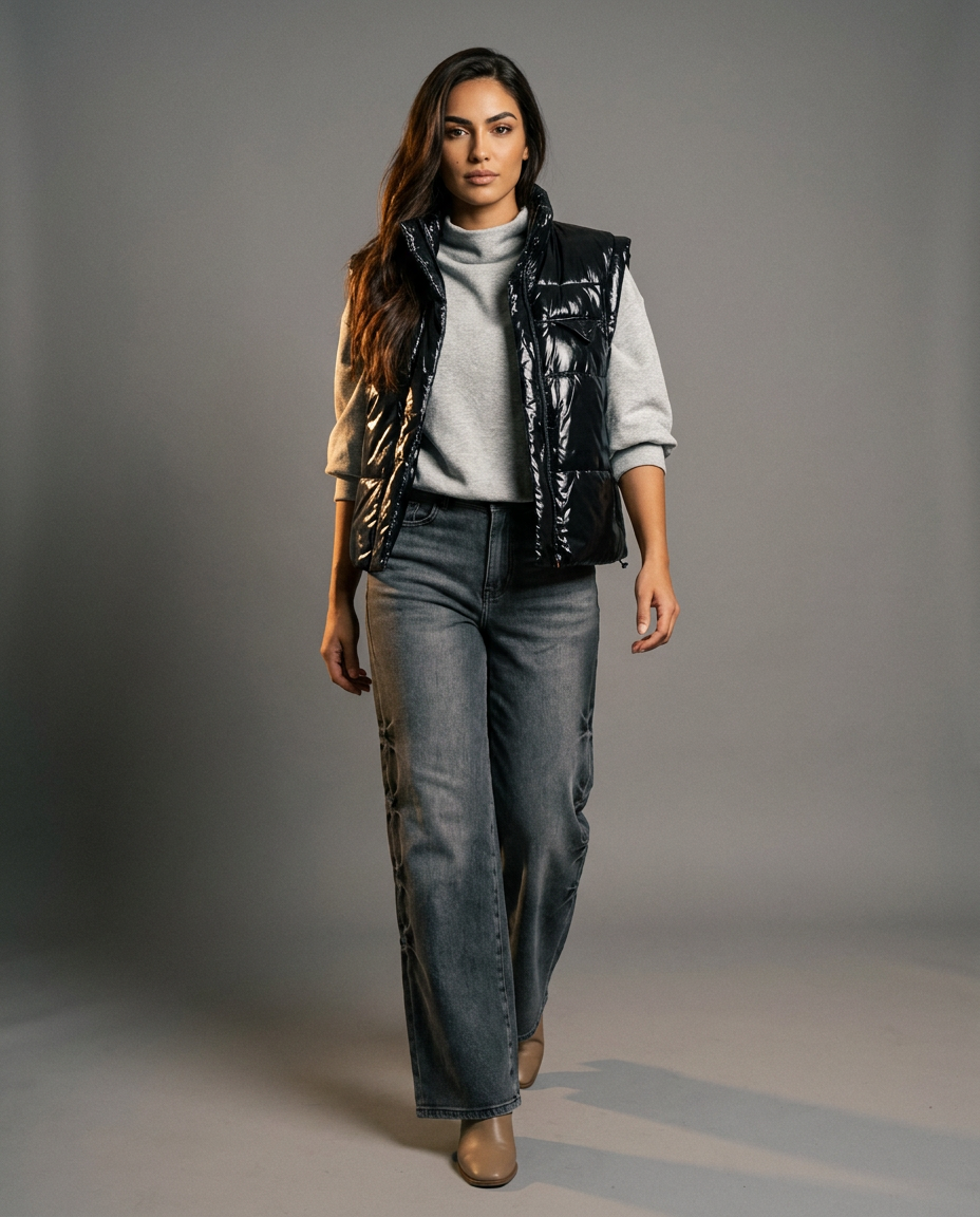 You're My Lobster — Wijde jeans met studs (D704L) studio look Grey Denim
