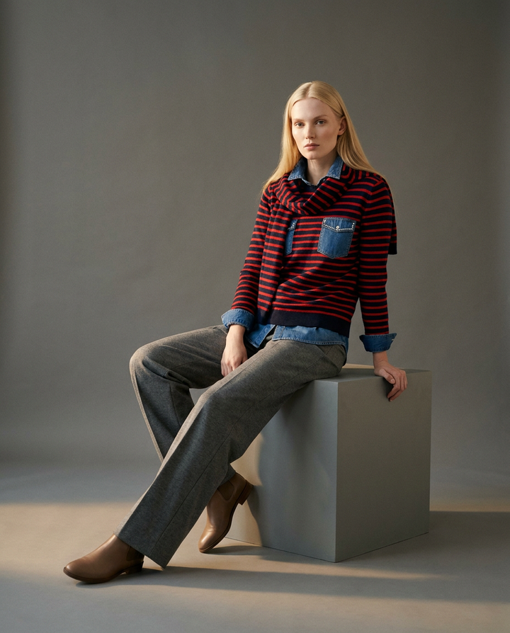 You're My Lobster — Pullover ronde hals met strepen & sjaal (D801L) studio look Navy
