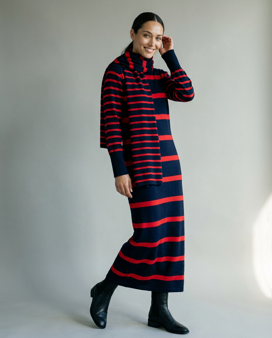 You're My Lobster — Gebreide maxi jurk met strepen & sjaal studio Navy