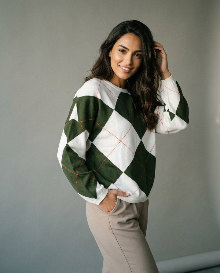 You're My Lobster — Pullover ronde hals met ruitmotief studio Ecru
