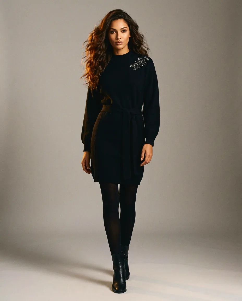 You're My Lobster — Gebreide jurk met opstaande kraag & strass studio Black