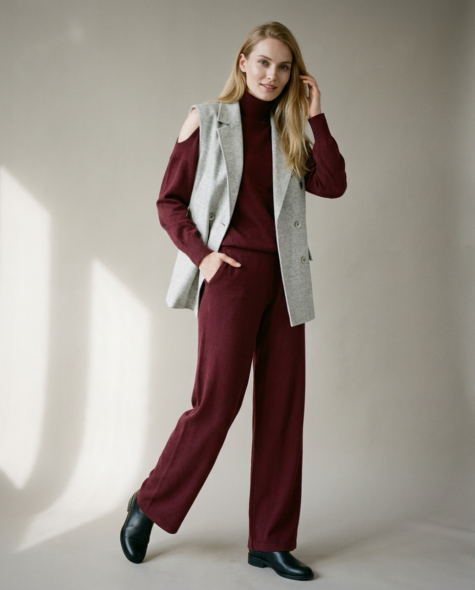 You're My Lobster — Gebreide set met rolkraag studio look maroon