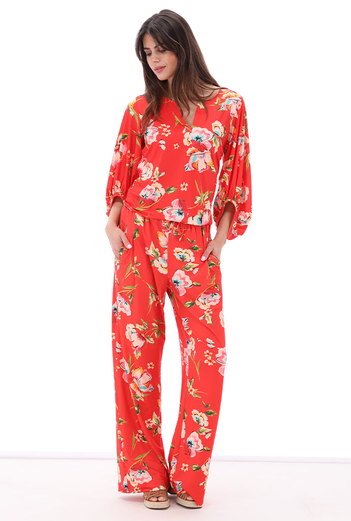 K-design - Broek met bloemenprint en trekkoord (C202)