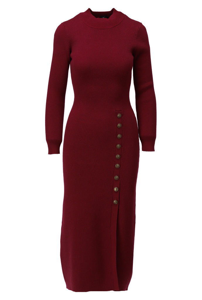K-Design Midi rib jurk met knopen - B870 - Burgundy - Burgundy