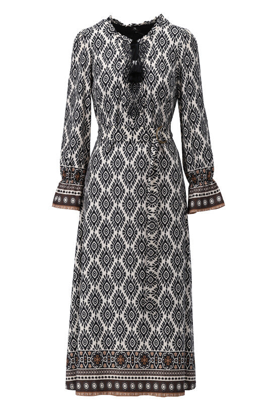 K-design - Midi dress met print, borduursel en stoffen riem (X330) - What Els!