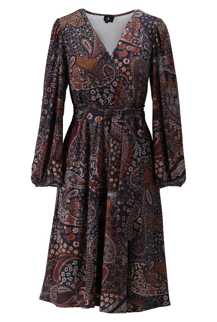 K-design - Midi dress crossover met paisley print en pofmouwen (X375) - What Els!