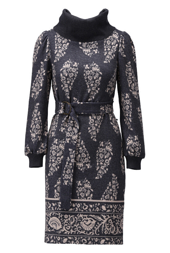 K-design - Mini dress met print, rolkraag en stoffen riem (X453) - What Els!