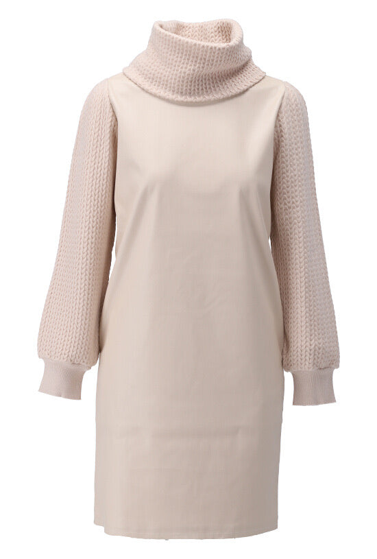 K-design - Mini dress vegan leather met rolkraag en gebreide mouwen (X603) - What Els!