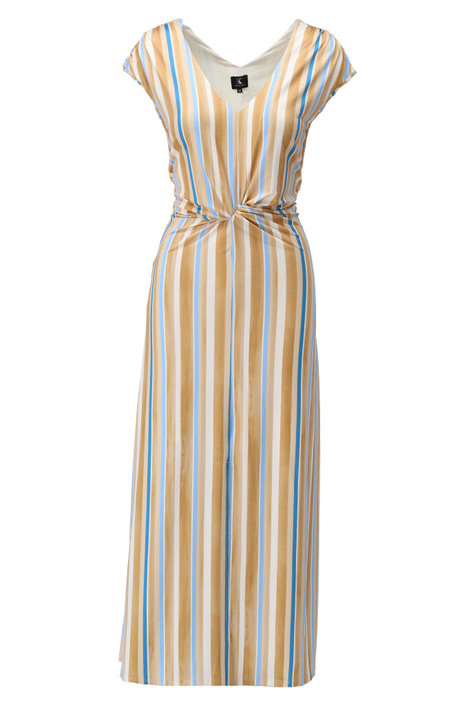 K-design - Gestreepte maxi dress met V-hals en knoop (Y123) - What Els!