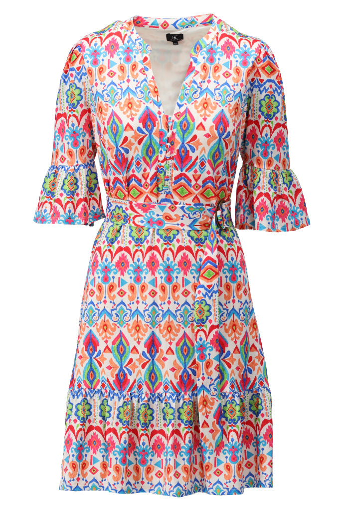 K-design - Mini dress met retroprint, volant en stoffen riem (Y126) - What Els!