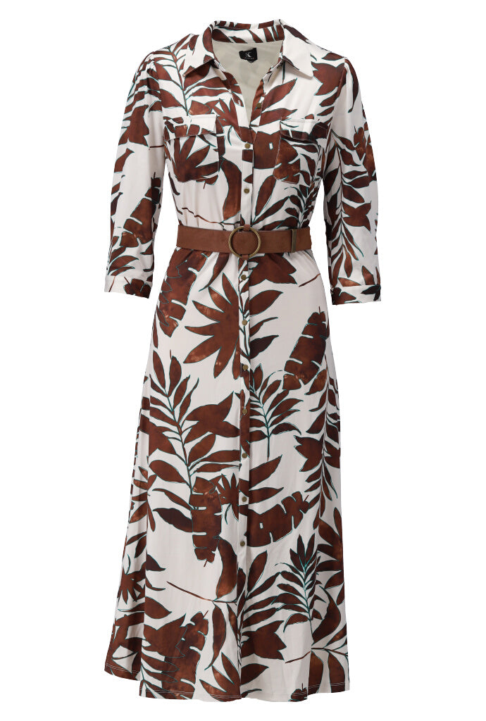 K-design - Maxi dress met bladerprint en bijpassende riem (Y130) - What Els!