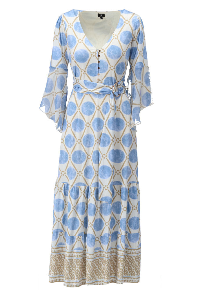 K-design - Maxi dress met print, volant en stoffen riem (Y135) - What Els!