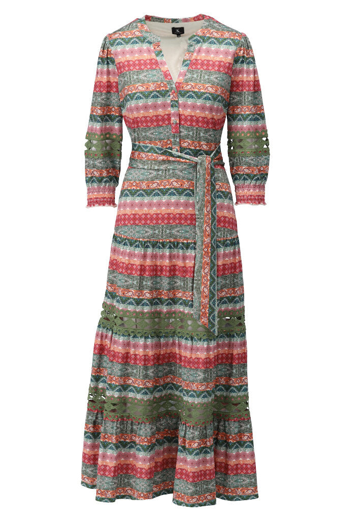 K-design - Maxi dress met boho print, gehaakte inserts en stoffen riem (Y141) - What Els!