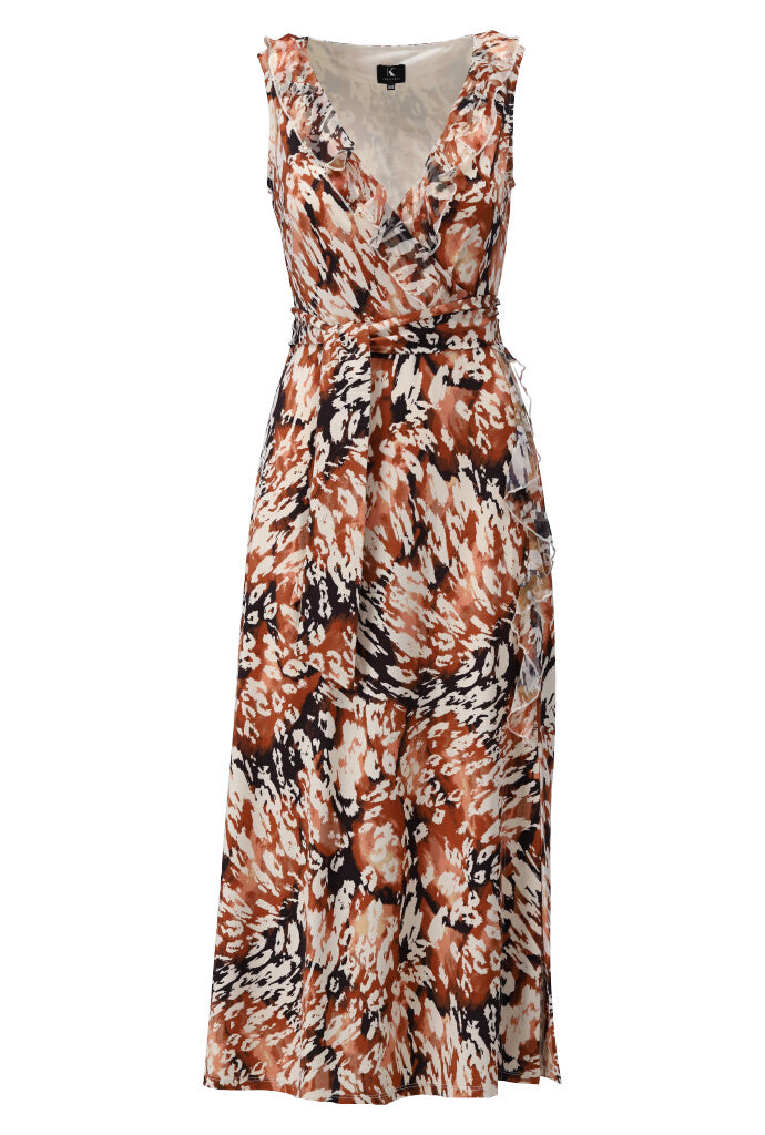 K-design - Maxi dress met print, franjes en stoffen riem (Y227) - What Els!