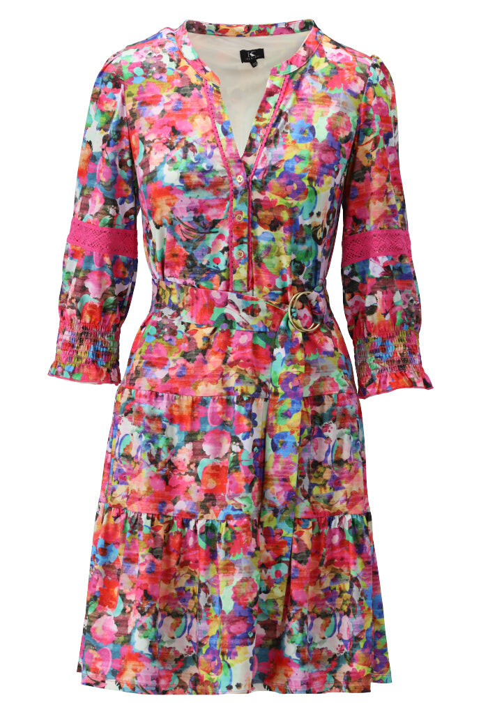 K-design - Mini dress met fluoprint, kant, volant en stoffen riem (Y233) - What Els!