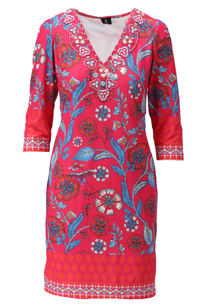 K-design - Mini dress met print, V-hals en kralen (Y256) - What Els!