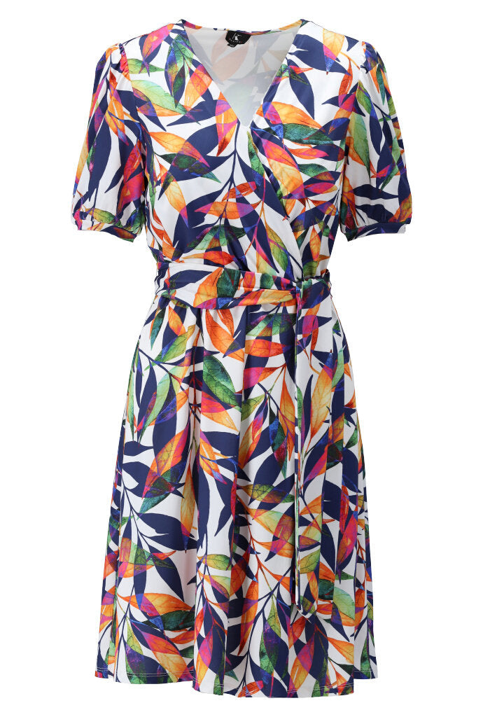K-design - Mini dress crossover met bladerprint en vaste riem (Y306) - What Els!