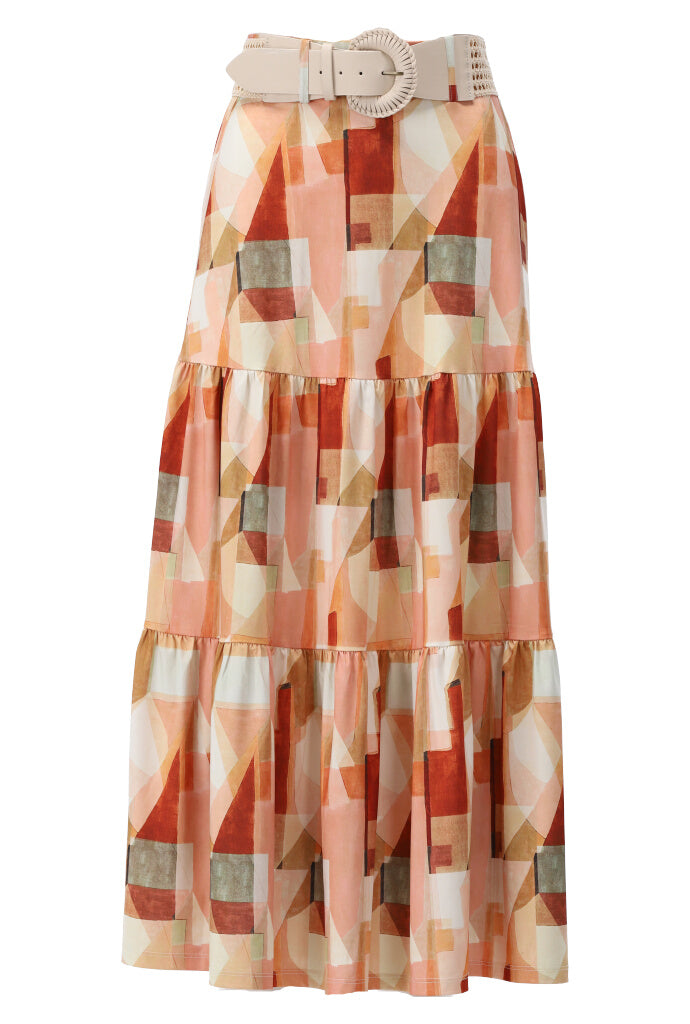 K-design - Rok met geometrische print, volant en bijpassende riem (Y312) - What Els!