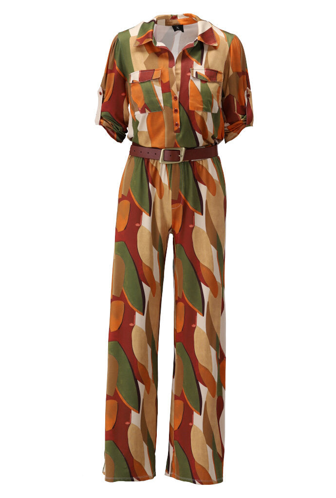 K-design - Jumpsuit met print, 2/3 mouwen, zakjes en bijpassende riem (Y331) - What Els!