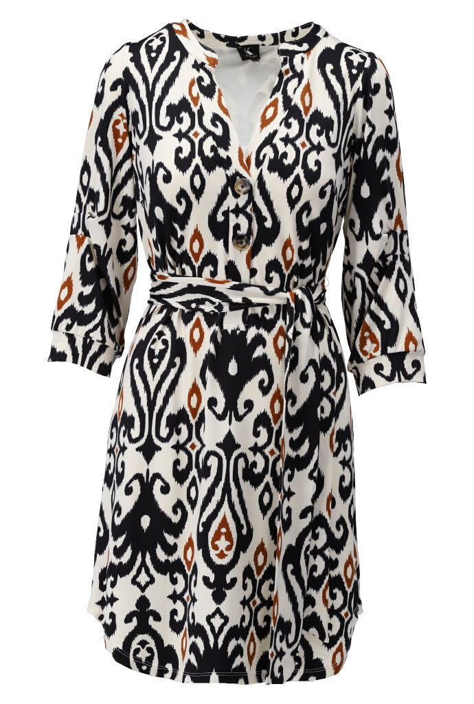 K-design - Mini dress met print, knopen en stoffen riem (Y340) - What Els!