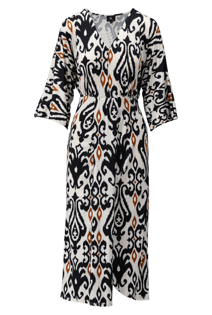 K-design - Midi dress met V-hals, print en plooi (Y341) - What Els!