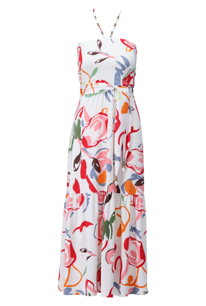 K-design - Maxi dress bandeau met print, neklint en stoffen riem (Y343) - What Els!