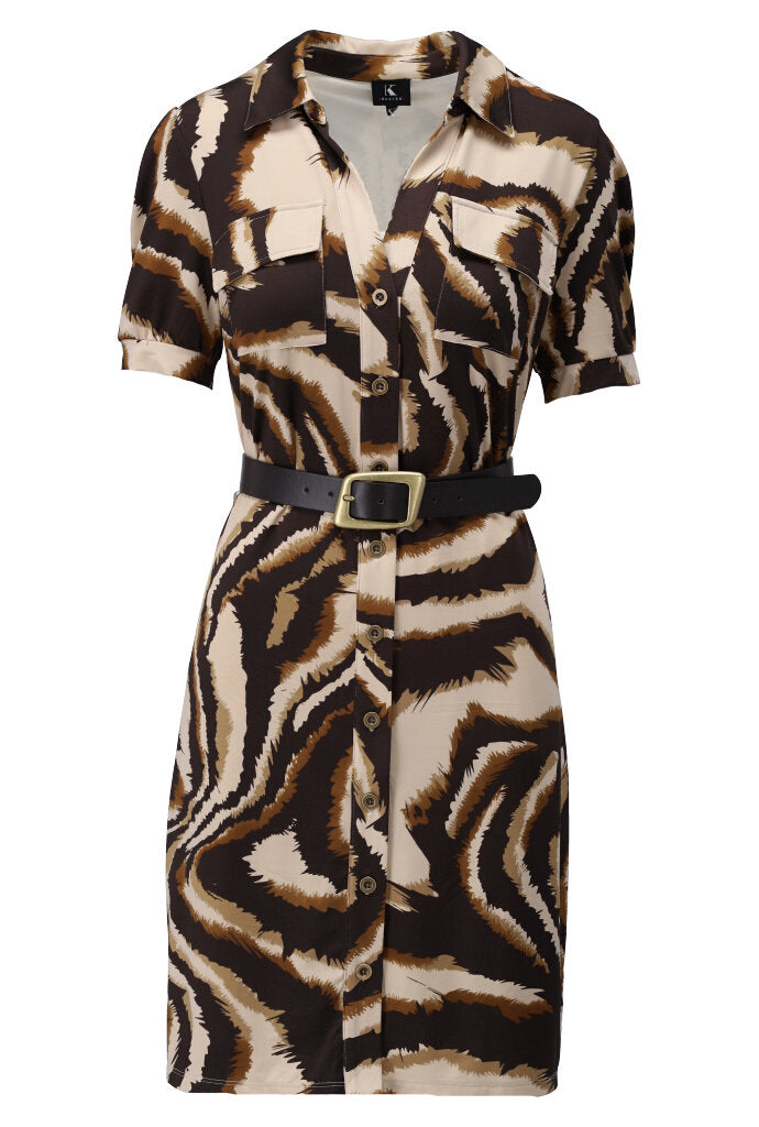 K-design - Mini dress met print, knopen, zakjes en bijpassende riem (Y347) - What Els!