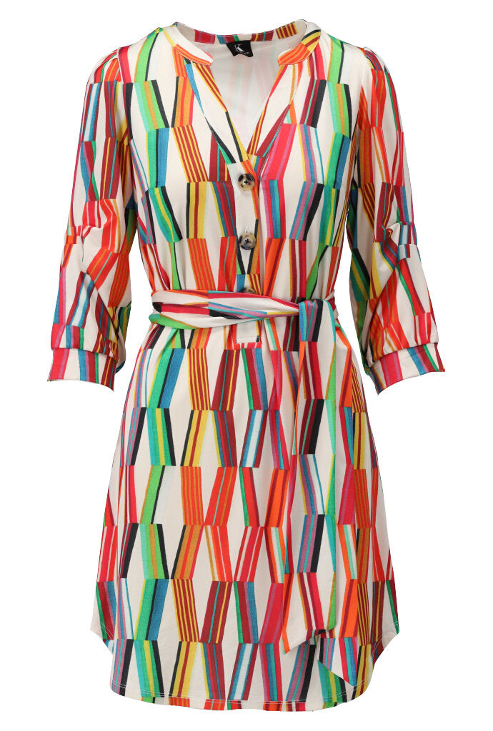 K-design - Mini dress met print, knopen en stoffen riem (Y354) - What Els!