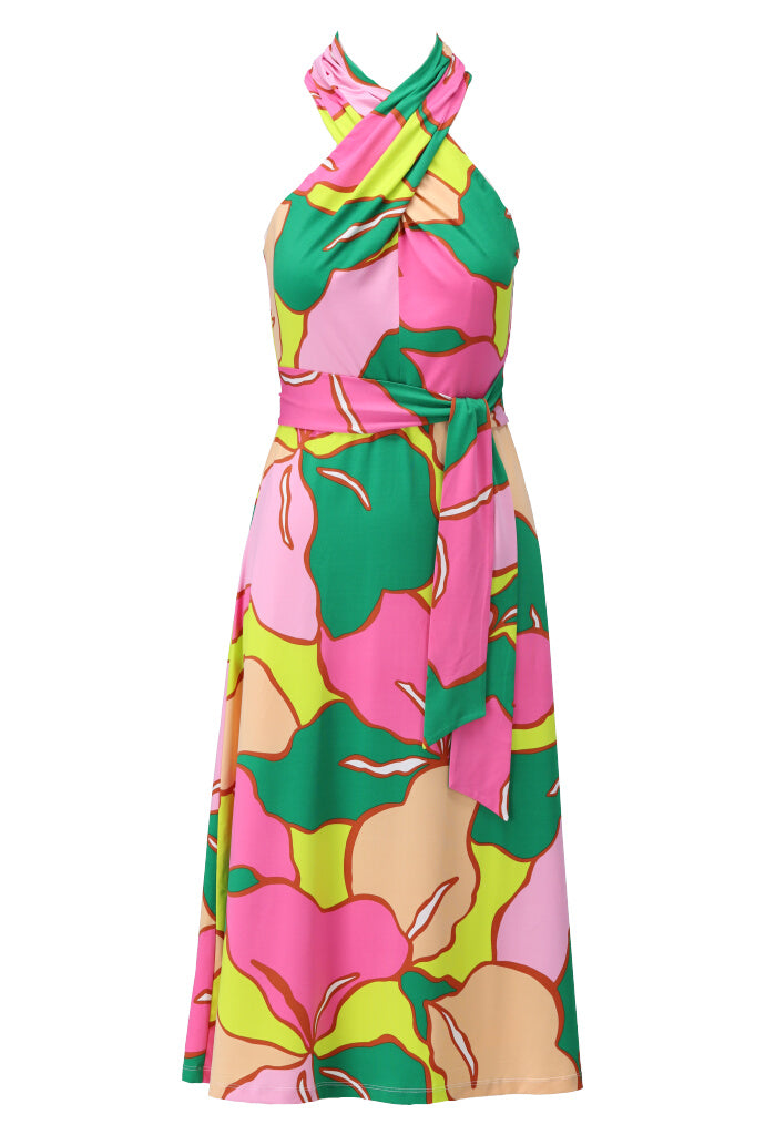 K-design - Midi dress met print, gekruiste hals en stoffen riem (Y357) - What Els!