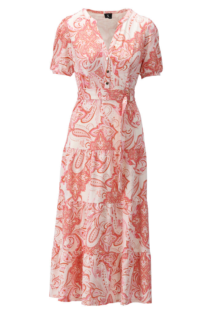 K-design - Maxi dress met print, volant en stoffen riem (Y362) - What Els!