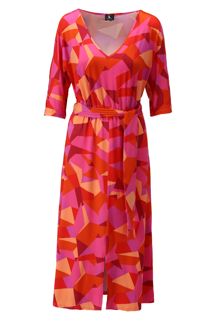 K-design - Midi dress met V-hals, print, split en stoffen riem (Y368) - What Els!