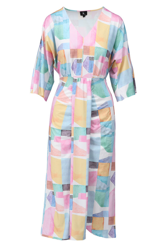 K-design - Midi dress met V-hals, print en plooi (Y370) - What Els!
