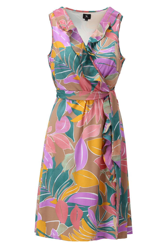 K-design - Crossover mini dress met print, franjes en stoffen riem (Y374) - What Els!