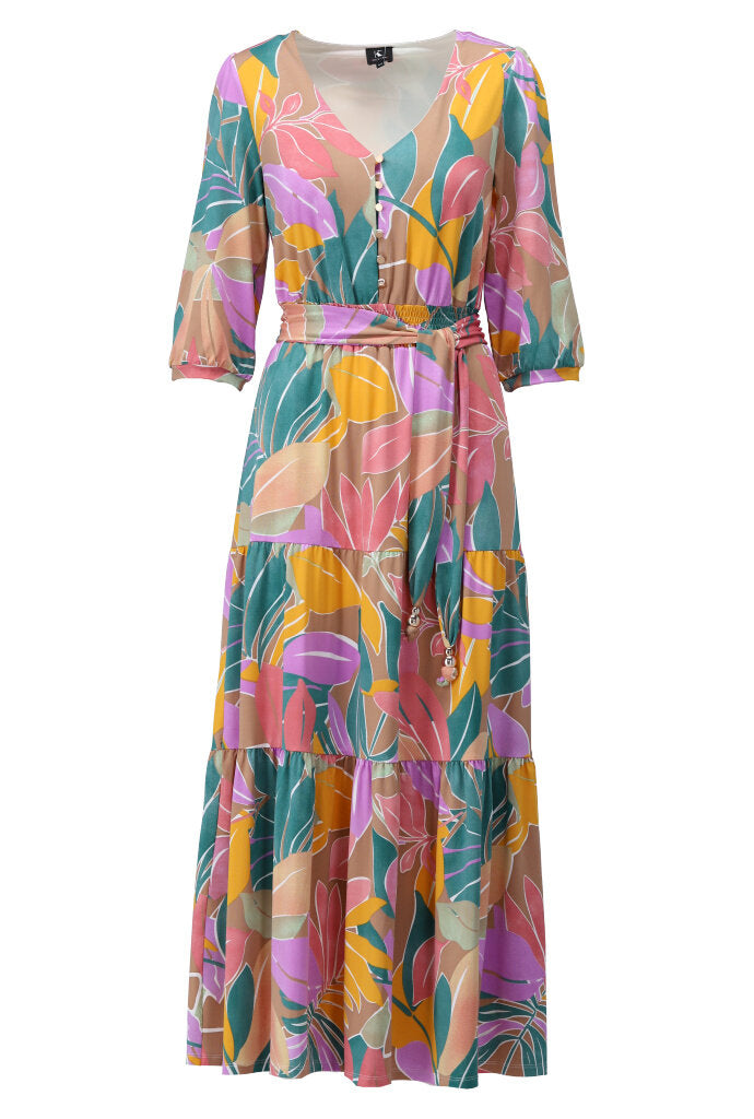 K-design - Maxi dress met print, volant en stoffen riem (Y375) - What Els!