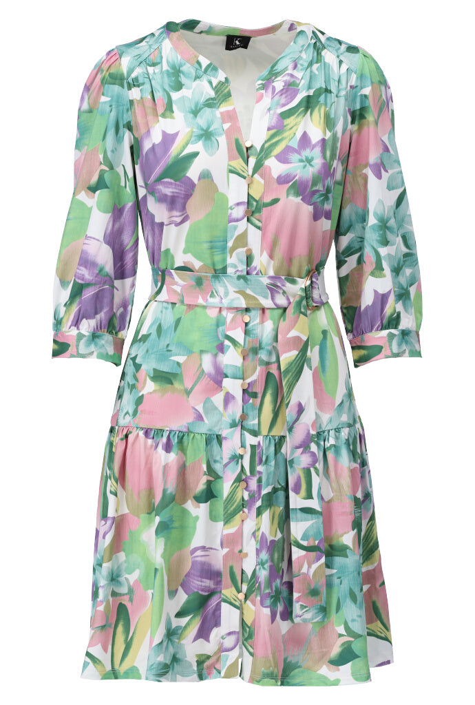 K-design - Mini dress met print, knopen, volant en stoffen riem (Y376) - What Els!