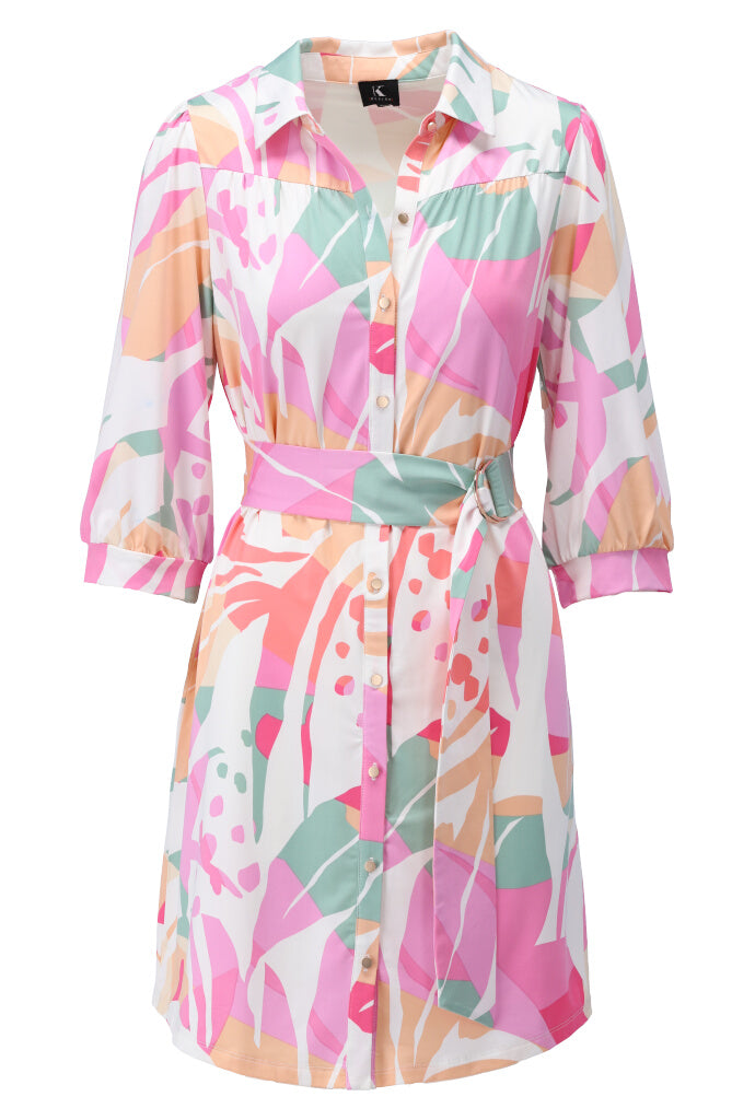 K-design - Mini dress met print, knopen en stoffen riem (Y378) - What Els!