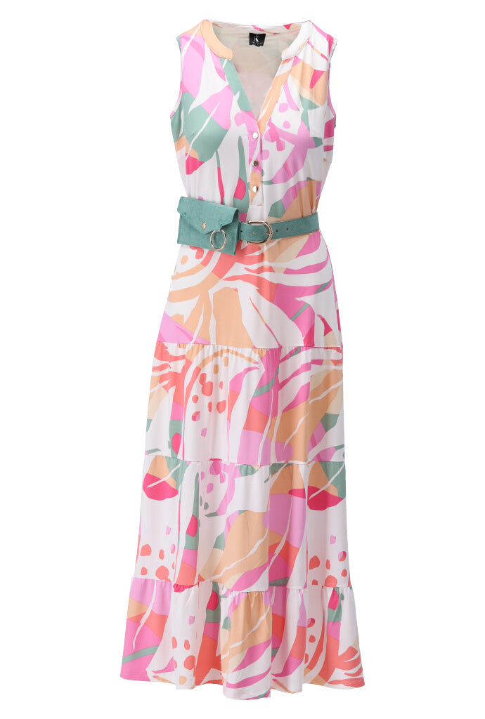 K-design - Maxi dress met print, volant en bijpassende riem met tasje (Y380) - What Els!